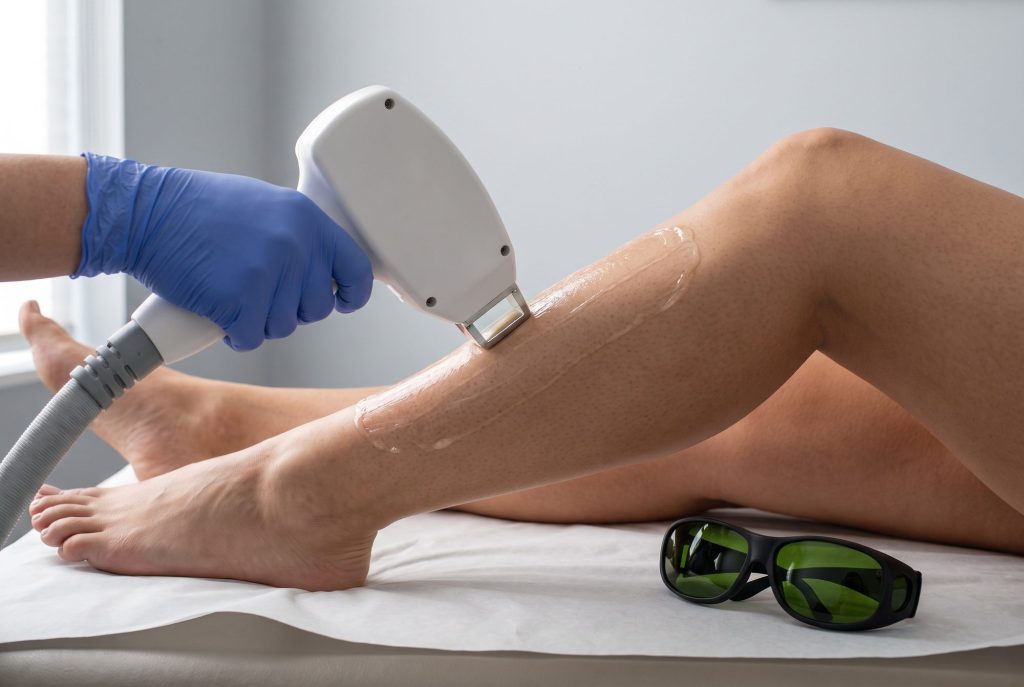 A gloved hand guides a laser hair removal handpiece over a gel-covered shin, safety goggles beside the leg